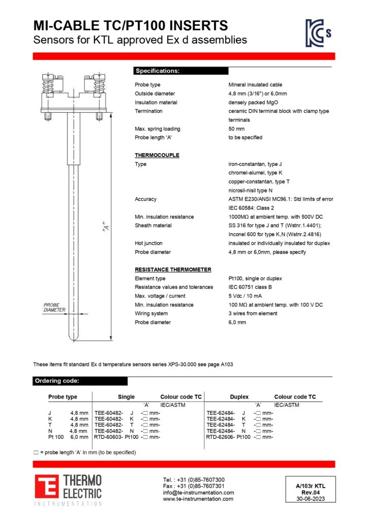 A103r MI-Cable TC / Pt100 Inserts Sensors for KTL Approved Ex d Assemblies