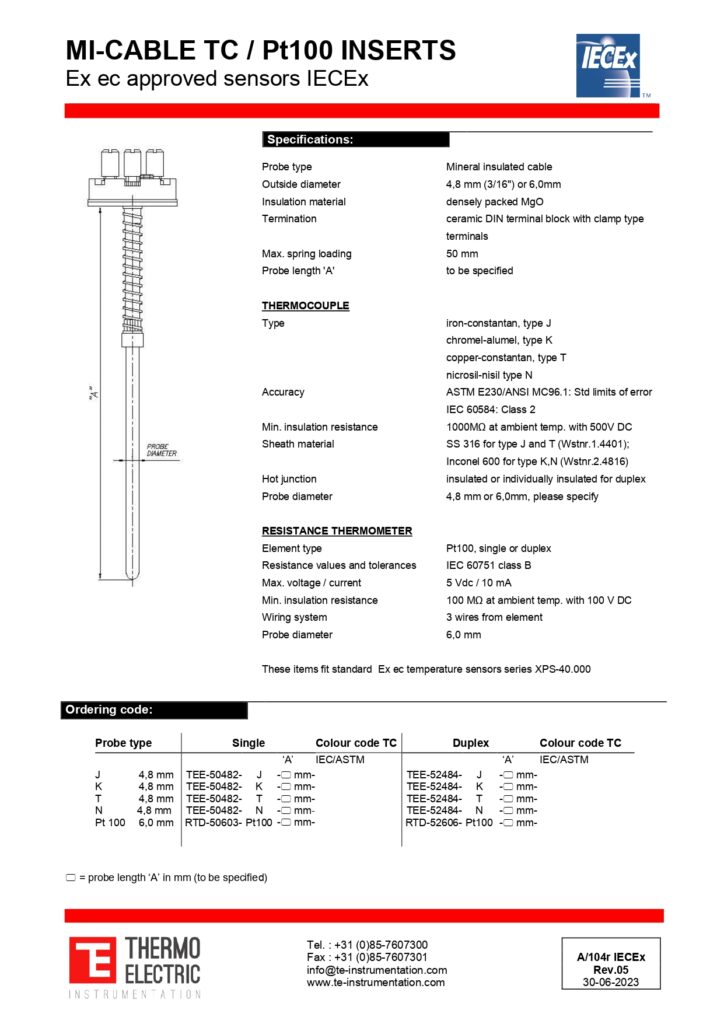 A104r MI-Cable TC / Pt100 Inserts Ex ec Approved Sensors IECEx