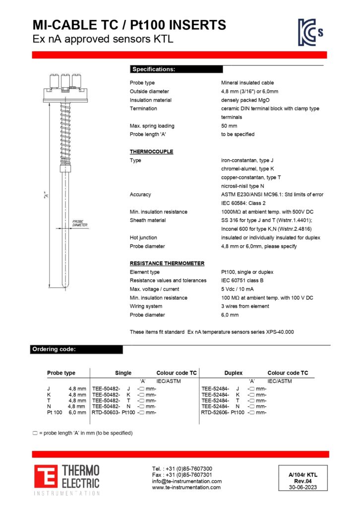 A104r MI-Cable TC / Pt100 Inserts Ex nA Approved Sensors KTL