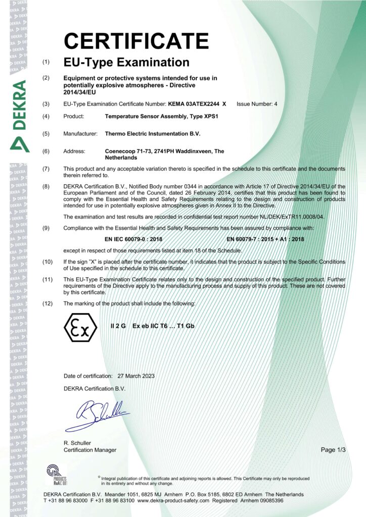 EC-Type examination certificate KEMA 03ATEX2244 X ISSUE 4