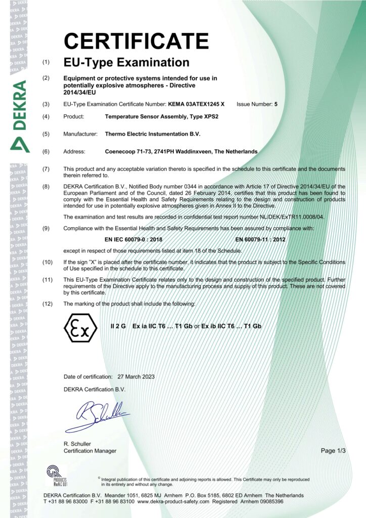 EC-Type examination certificate KEMA 03ATEX1245 X ISSUE 5