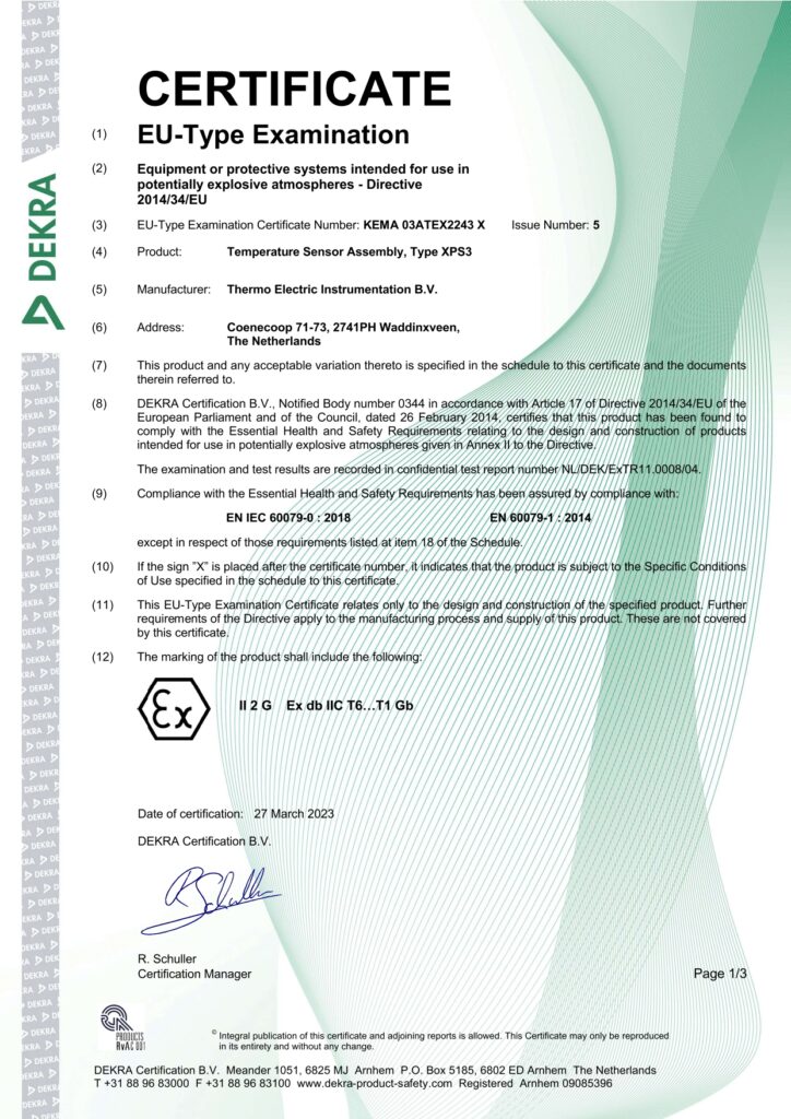 EC-Type examination certificate KEMA 03ATEX2243 X ISSUE 5