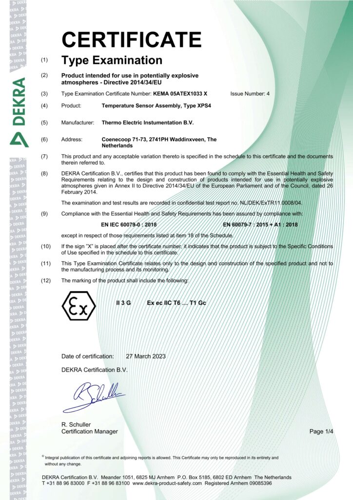EC-Type examination certificate KEMA 05ATEX1033 X ISSUE 4